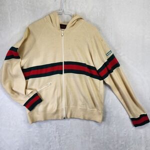 Vintage Riddell Zip Up Hoodie Cream Green Red Striped Mens Raglan Sweatshirt